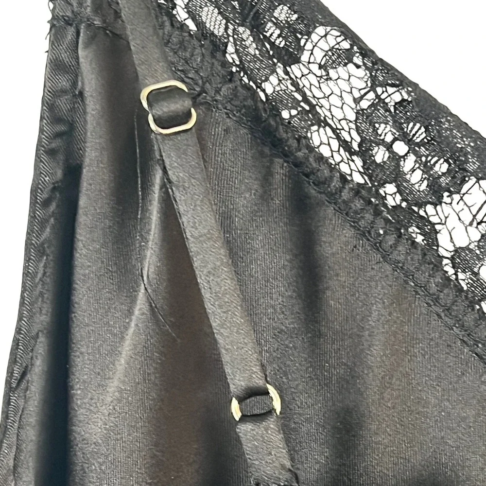 Lulus Black Satin Lace Trim Midi Slip Dress Feminine Adjustable Straps Womens M